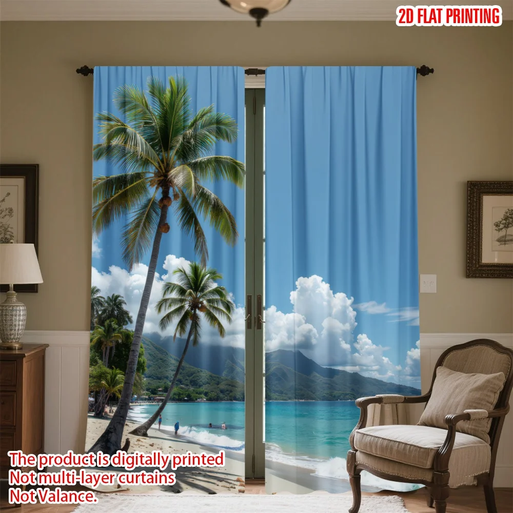 

2D flat printing 2pcs Curtain Tropical Beach Paradise(17) Digital Printed Polyester Drapes Festive Holiday Perfect for Festive