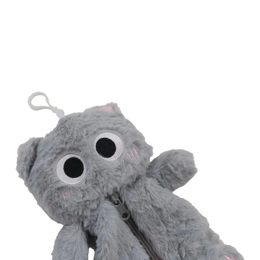 Pen Holder Plush Gray Cat Pencil Bag Thicken Zipper Cute Kitten Pencil Case Kawaii Soft Kitten Stationery Bag Desktop Organizer