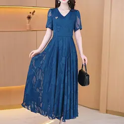 Elegant Fashion Women Big Size Blue Long Dress Prom Temperament Female Oversized V-neck Chic Summer Short Sleeve Casual Robe 5XL