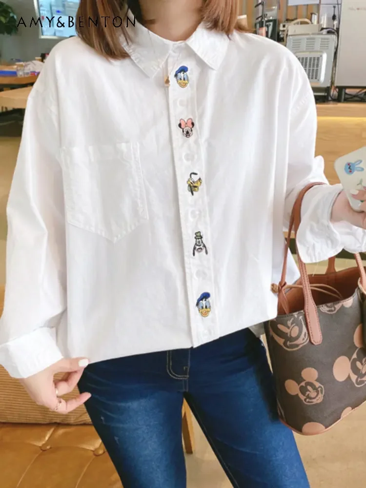 Spring New Cartoon Embroidered Shirt for Ladies All-Matching Sweet Thickened Cotton White Shirt Women Long Sleeve Top