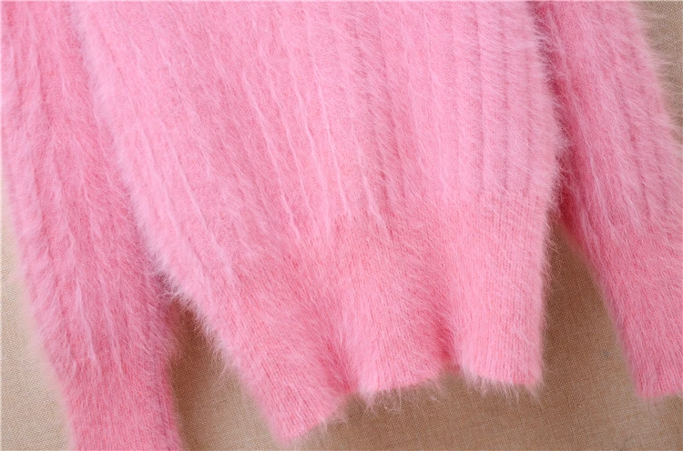 Women Mujer Autumn Winter Clothing Sweet Pink Hairy Angora Rabbit Hair Knitted V-Neck Long Sleeves Slim Blouses Pullover Sweater