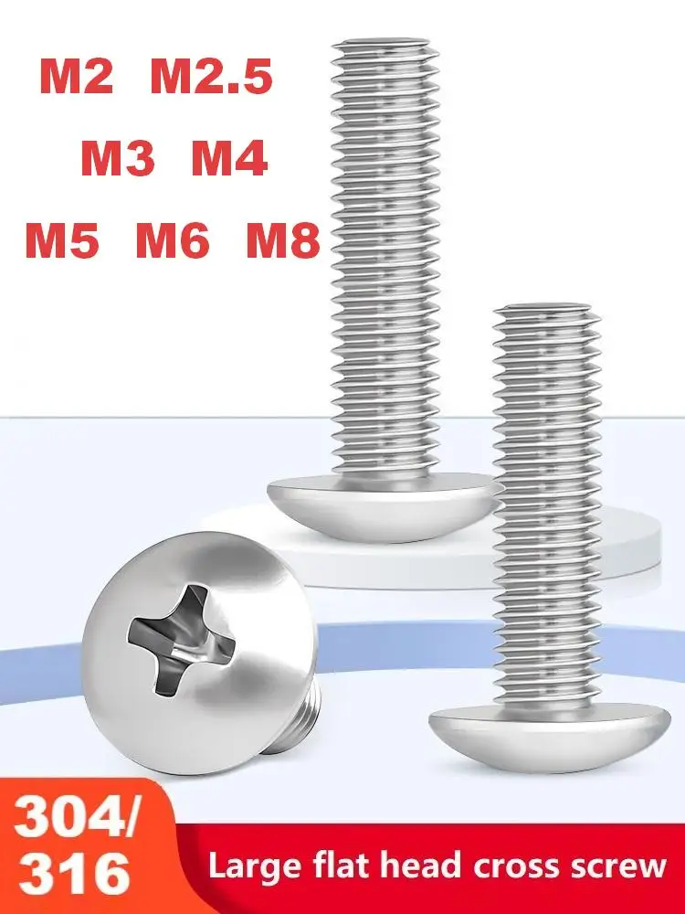 304 316 Stainless Steel Mushroom Head Phillips Screw M2 M2.5 M3 M4 M5 M6 M8 Truss Head Cross Recessed Flat Screw for Machine
