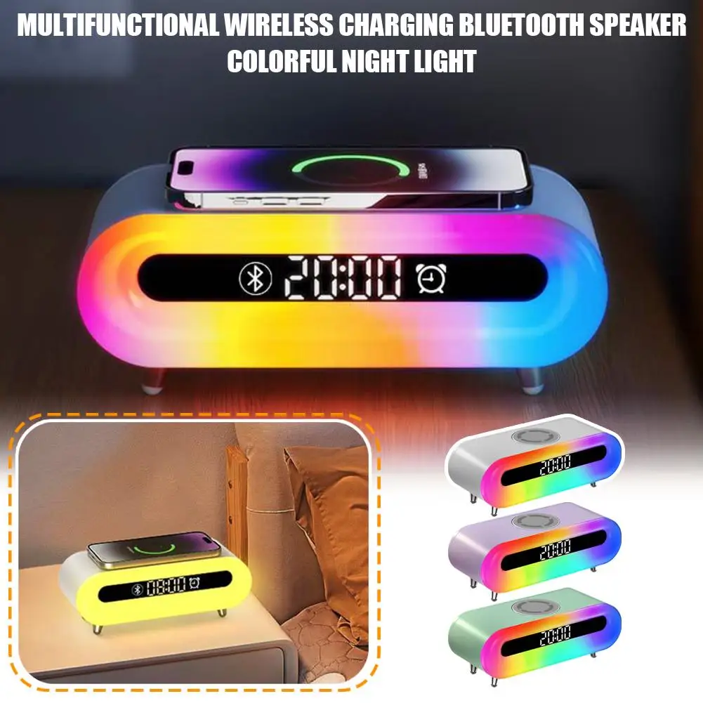 4 In 1 Wireless Charger Bluetooth Speaker Colorful Alarm Lighting Night Modes Multiple Clock Stereo Dual Surround Speakers O6Y0