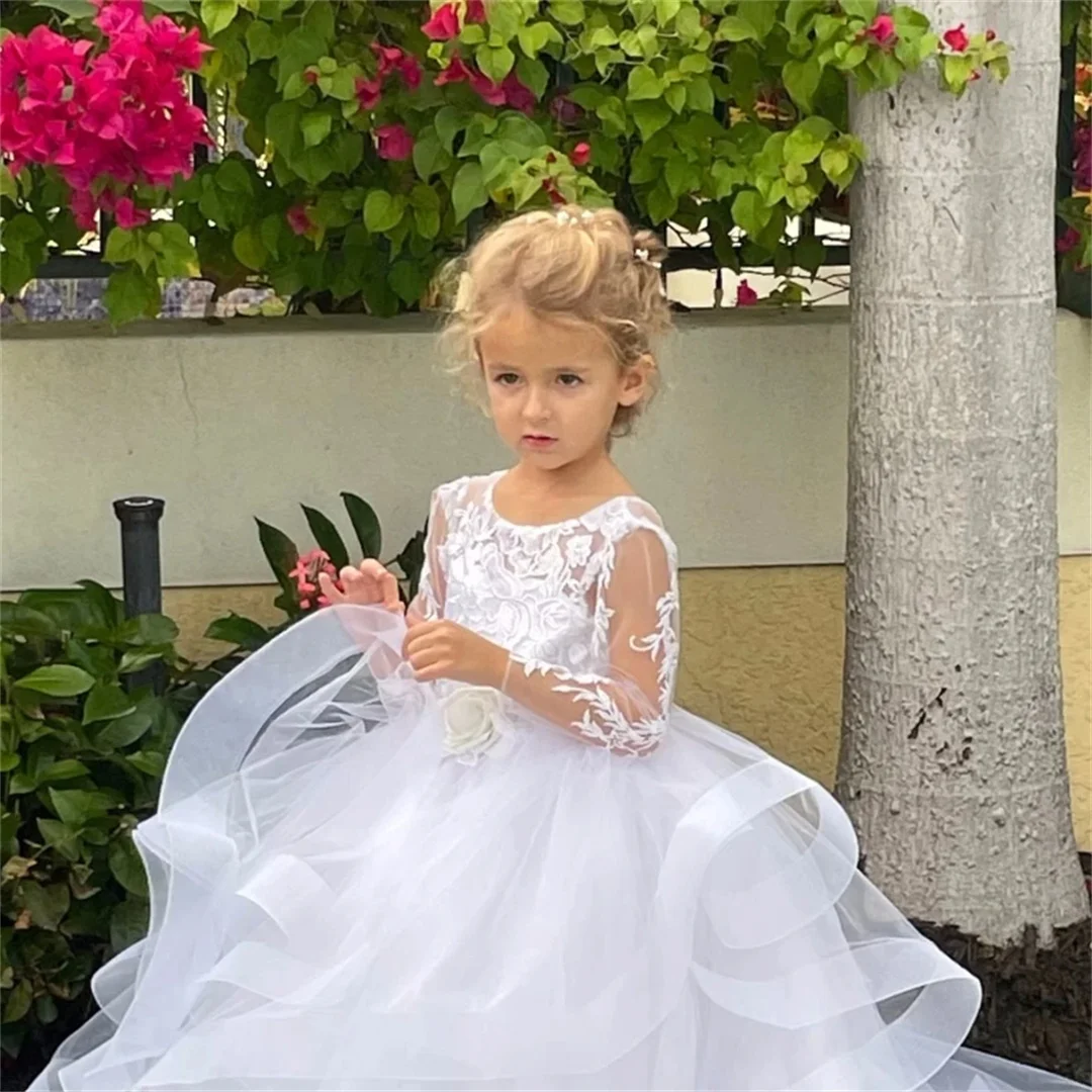 Flower Girl Dresses White Tulle Puffy Tiered Appliques Sequin Long Sleeve For Wedding Birthday First Communion Gowns