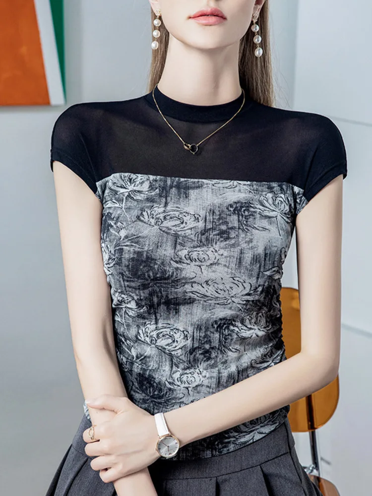 

Printed Mesh Splicing Stand Up Collar T-Shirt Short Sleeved Slim Fit 2025 Summer New Women's Clothing Bag Sleeve Stylish Top