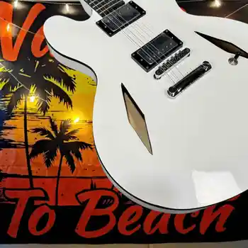 Biała gitara elektryczna 335 HH ze złotym, diamentowym wykończeniem otworu rezonansowego, podstrunnica z palisandru, korpus z drewna klonowego, retro jazz.