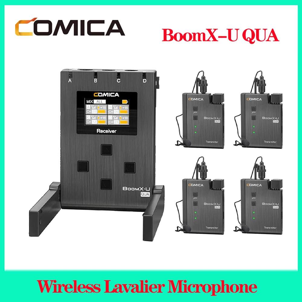 

Comica BoomX-U QUA 4 Channels UHF Wireless Lavalier Microphone System Mic 1 to 4 for Camera Phone Shooting Interview Live Stream