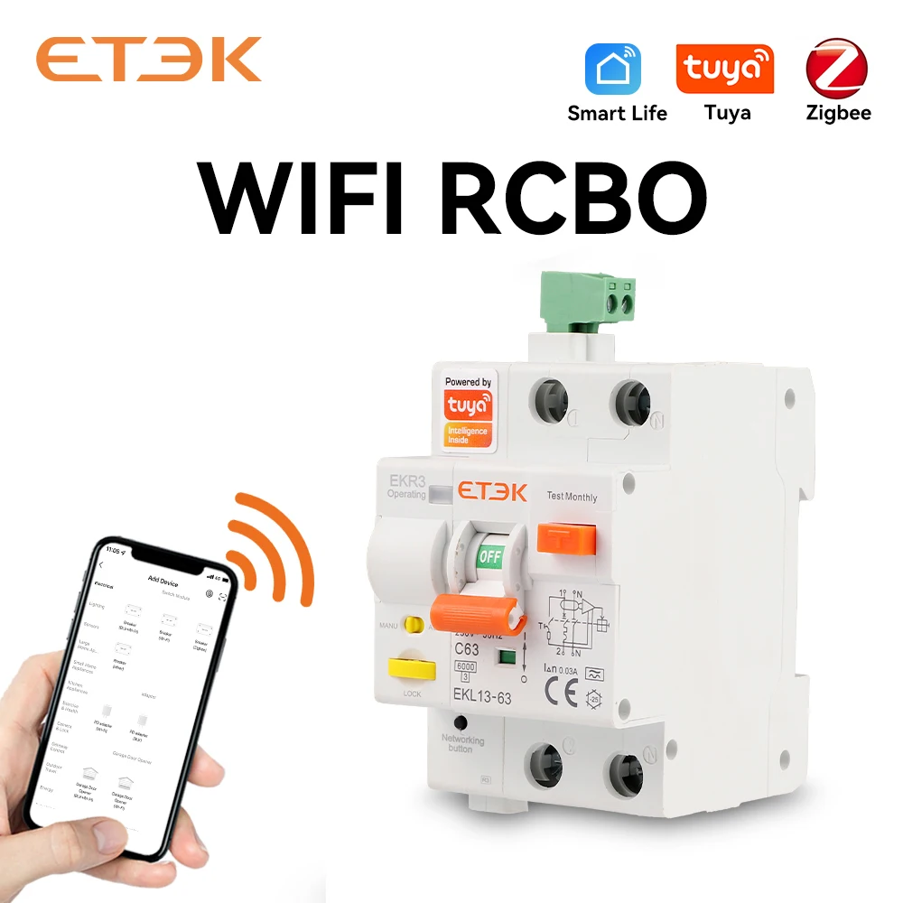 ETEK Tuya WlFl Smart circuit Breaker RCBO Smart Life telecomando protezione da cortocircuito temporizzata 2P con il nostro dosaggio EKR3L