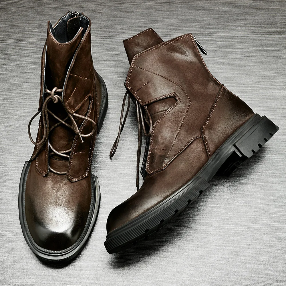 Winter Cow Leather Men Boots Lace-Up Thick Sole Retro Equestrian Riding Boots Warm Fur Lined Chelsea Military Men Boots