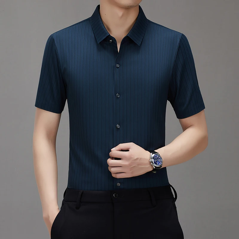 New Men Ice Silk Shirt Striped Luxury Designer Brand Breathable Business Casual 2024 Summer Short-sleeved Tops Camisas De Hombre