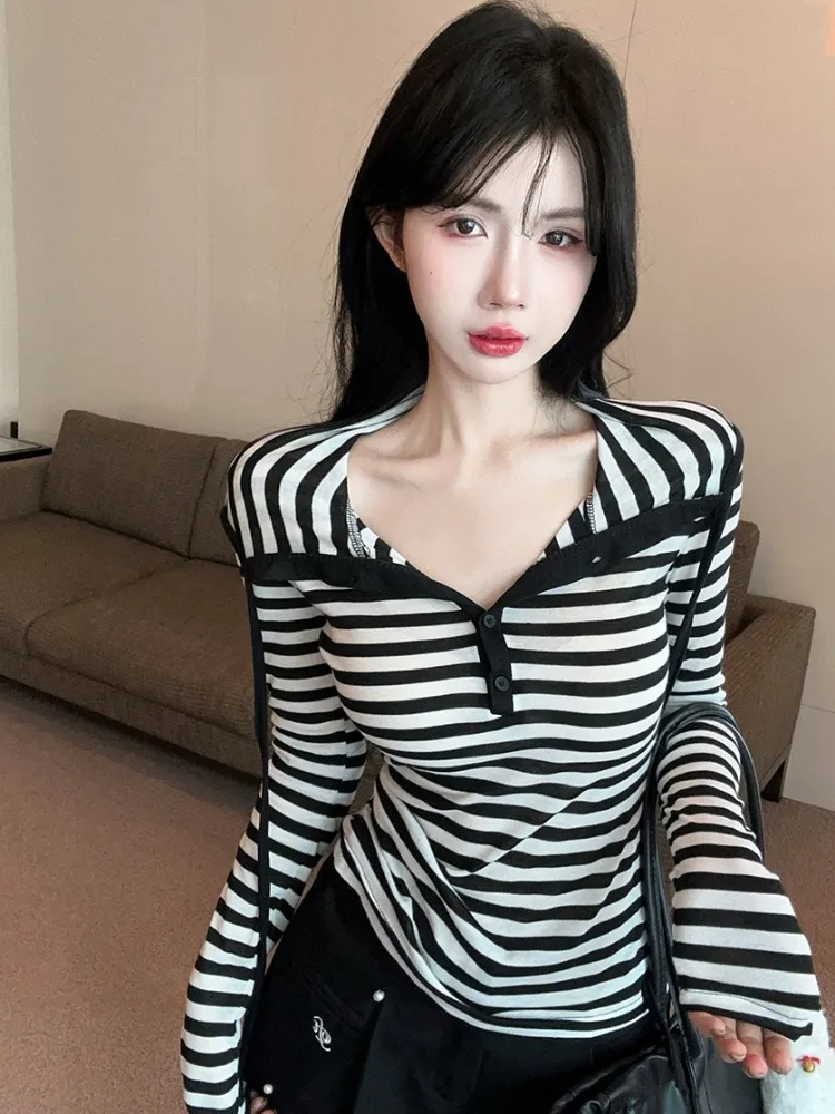 

Retro Striped Hoodie Long Sleeve Knitted Slim Fit Semi Open Collar Base Shirt Autumn Casual Lazy Sweatshirt Women's Top
