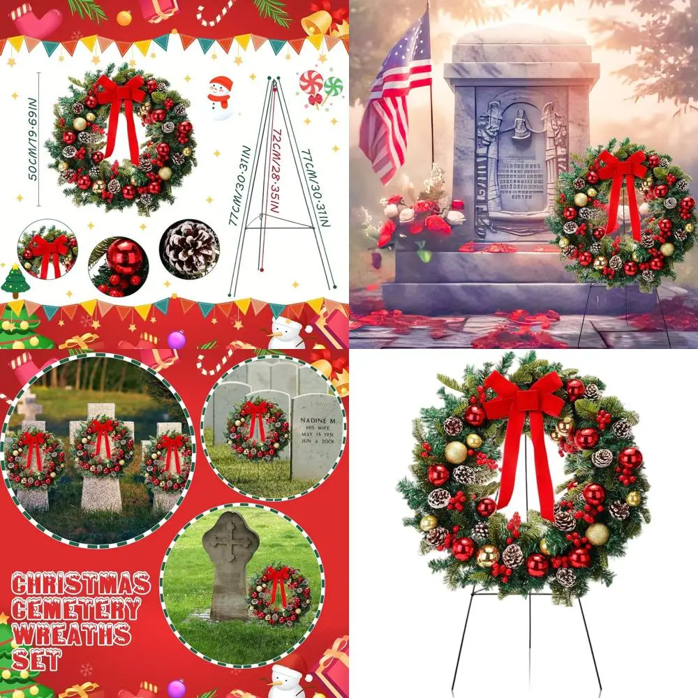

Classic 24 Christmas Cemetery Wreaths with 30 Stand, Red Bows, Outdoor Memorial Decorations