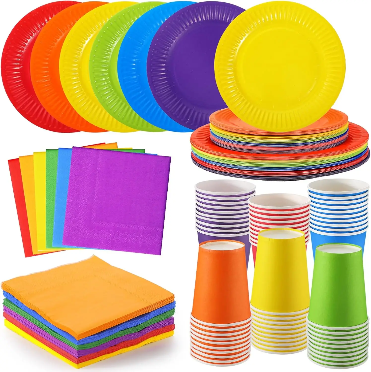 

240 Pieces Rainbow Party Tableware 60 Set Colorful Paper Plates and Napkins 9oz Paper Cups Complete Pack Disposable Dinn