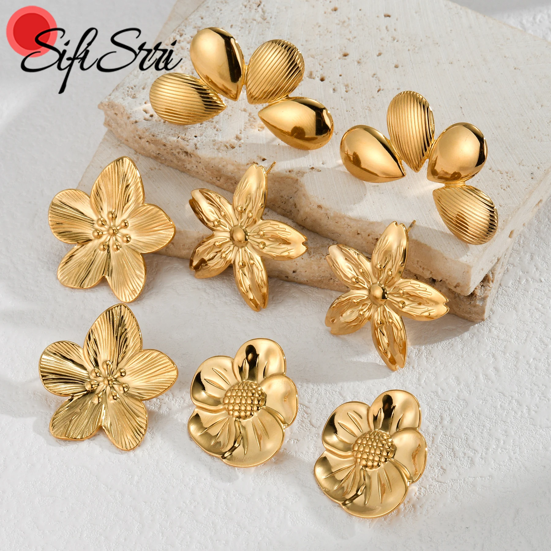 Sifisrri Vintage Flower Earrings for Women Girl Stainless Steel Gold Color Trendy Fashion Bead Earring Birthday Jewelry Gift