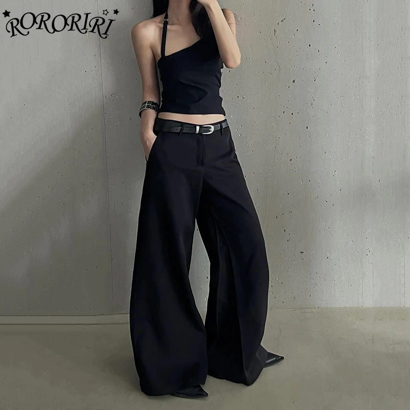 RORORIRI Werk Casual Solid Vrouwen Rechte Wijde Pak Broek Haken & Ogen Hoogbouw Zwart Gedrapeerde Lange Broek OL Vintage Kleding