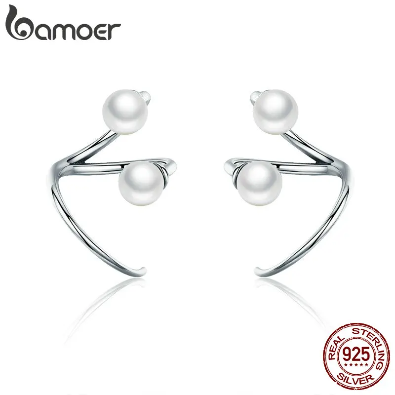 

BAMOER 100% 925 Sterling Silver Earrings Elegant Pearl Stud Earrings for Women Silver Jewelry SCE306