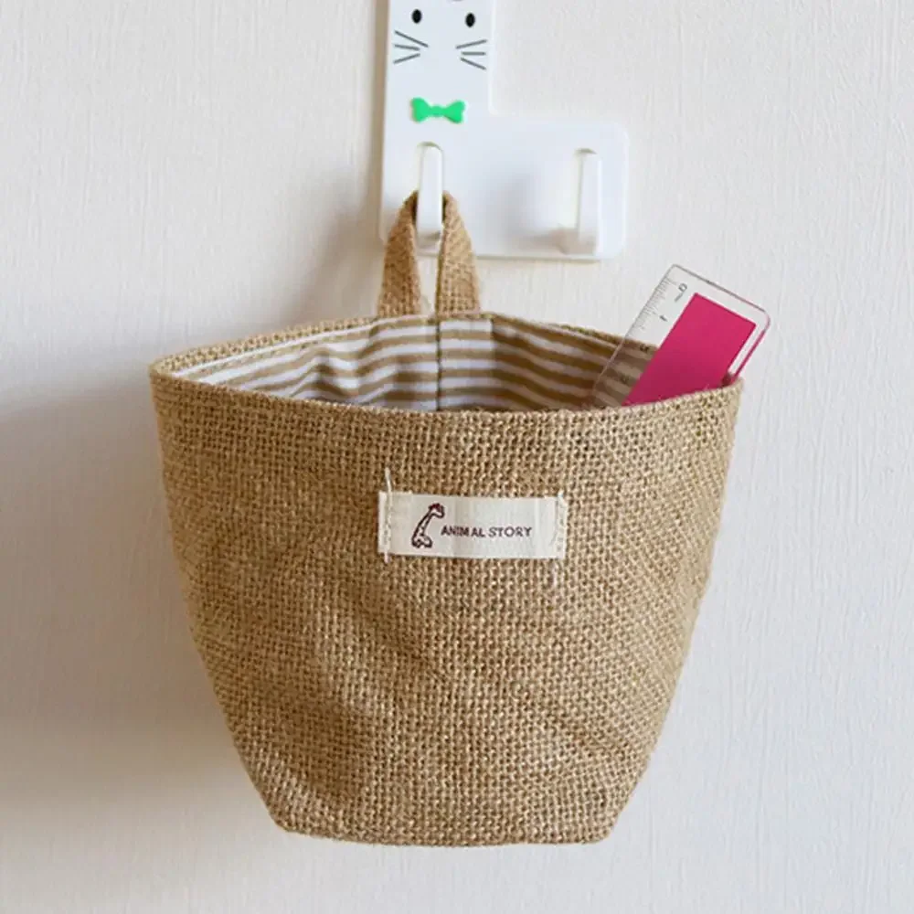 Home Decor Hanging Pocket Storage Basket Small Sack Sundries Cosmetic Organizer Cotton Linen Bag Jute Cotton Linen Sundries