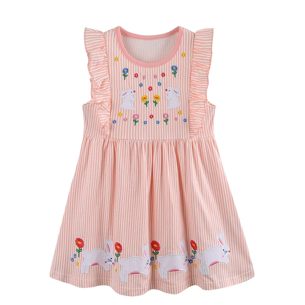 

Summer Princess Dress for Girls 2-7T Jumping Bunny Applique Party Wear Children's Frocks with Animals Embroidery Toddler Outfits