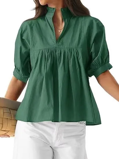 

Ele Pleated V-ne Top Five-quarter Sve Sve Faionable Casual Loose Fit Polyester Fiber Thin Summer irt