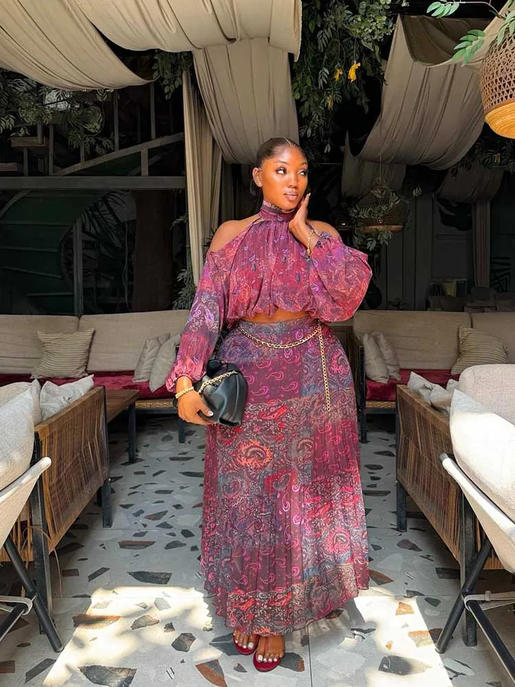 Skirt Sets Woman 2 Piece Outfit Long Sleeve Off The Shoulder Halter Neck Blouse and High Waist Pleated Skirt Chic Summer Set image 2