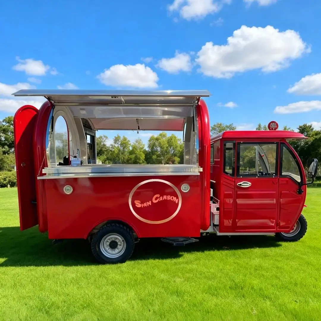 

Outdoor Food Trailer Main Body Bright Red Unique Shape with Driving Cabin And Selling Area for Catering Business