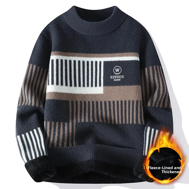 

Thiened Fce вязаный круглый мужской свитер Ne, зимний теплый молодежный студенческий модный шерстяной длинный топ с верхом све