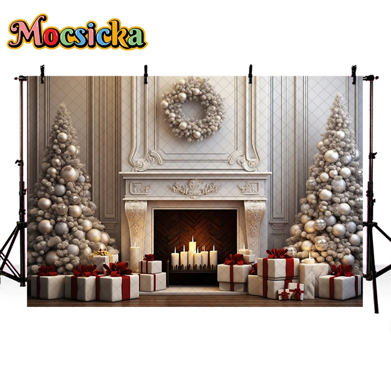 Mocsicka White Christmas Fireplace Photography Background Xmas Tree Gifts Girl Family Party Portrait Decor Backdrop Photo Studio