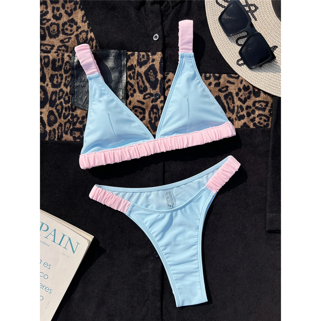 Splicing V-Ausschnitt, hoch geschnittene Bikini-Unterhose, Damen-Badeanzug, zweiteiliges Bikini-Set, gepolsterter Badeanzug, Badebekleidung, Schwimmbekleidung V6832 – Detail 7