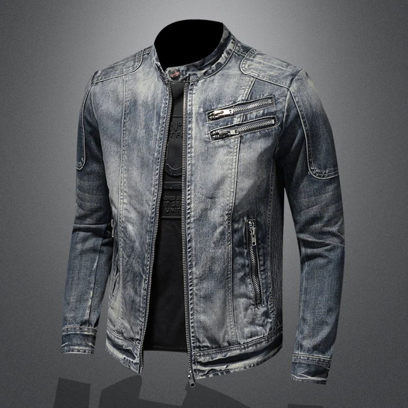 

Vm Men's Denim Jaet Casual Retro Large Size Stand Collar Zipper Jaet Motorcycle Riding Clothes Trendy