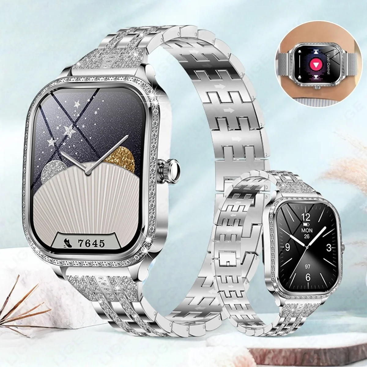 Women's new 1.75-inch diamond-encrusted heart rate sleep step counting IP68 waterproof Bluetooth call smart watch MK88