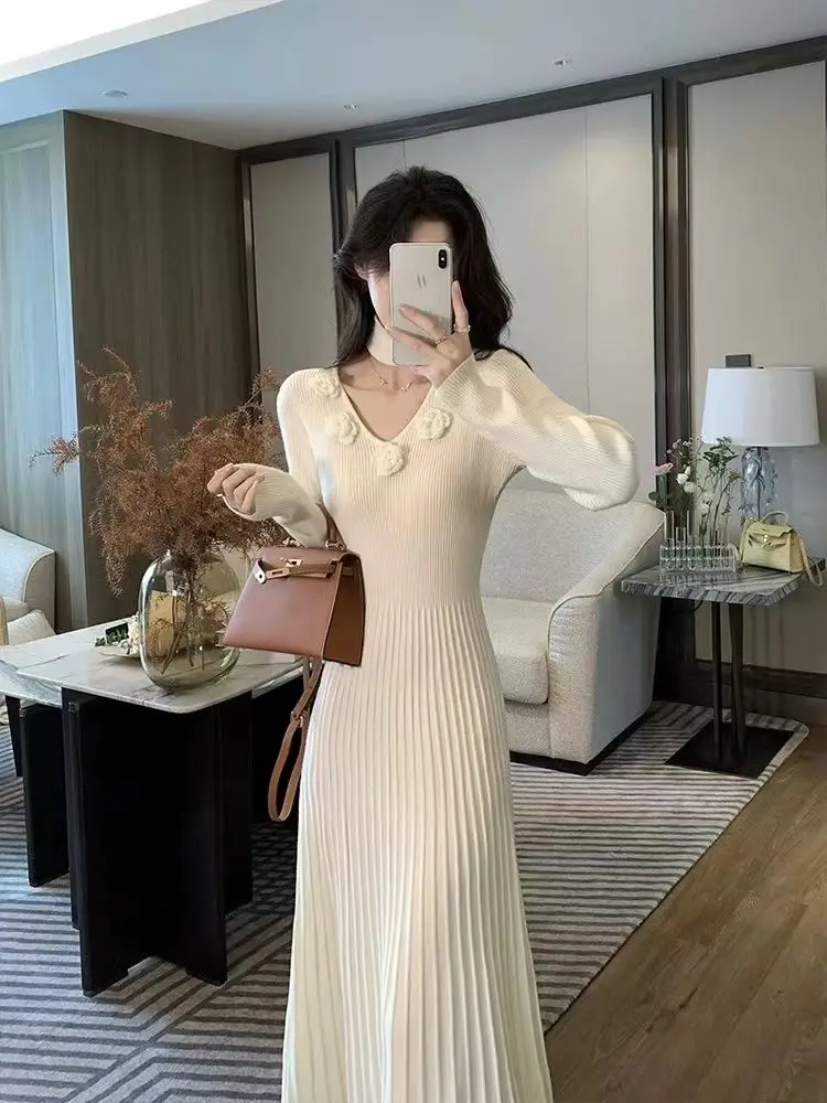 Autumn Winter Women's Knitted Dress Base Layer Sweater Dress Floor-Length Polyester Three Dimensional Flowers Shirts CQ219