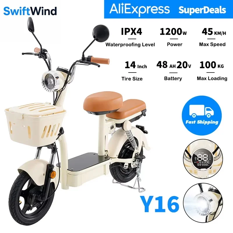 Y16 City Grocery E-Scooter 14 inch 1200W 48V20Ah 90-100km Bereik Zitje met Mandjes Voor/Achter Kussen Elektrische Scooters