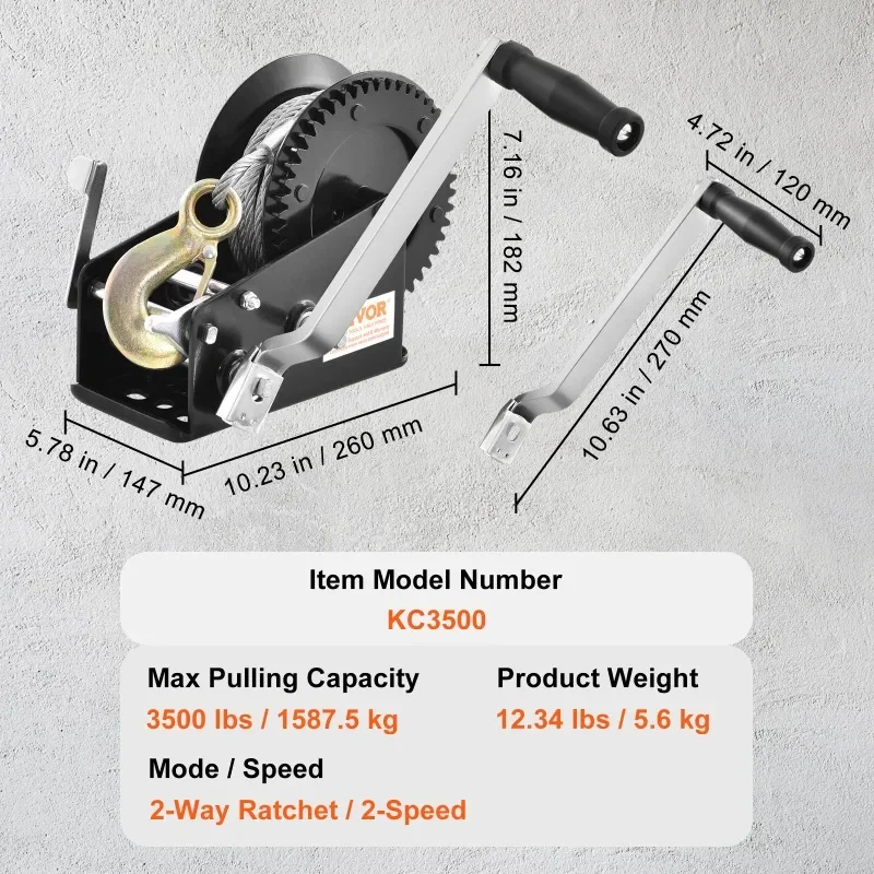 Hand Winch Heavy Duty Rope Crank with 33 ft Steel Wire Cable and Two-Way Ratchet for Trailer Boat or ATV Towing