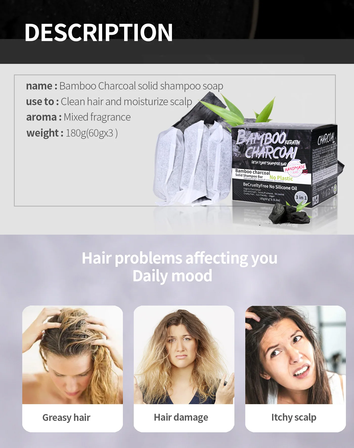 3pcs Set Of Bamboo Charcoal Plant Extract Essential Oil Shampoo Soap Oil Control Refreshing Solid Shampoo Soap Handmade Soap