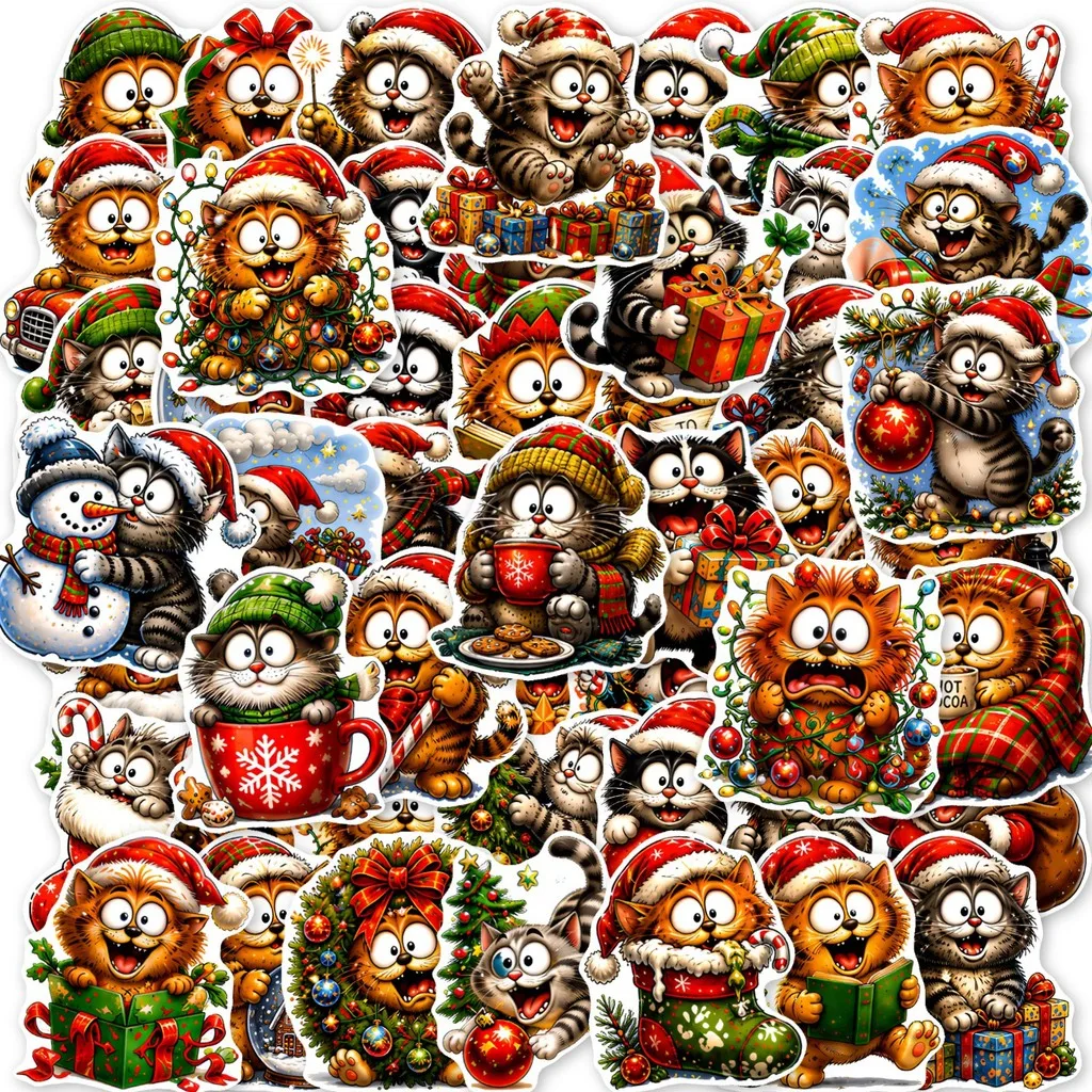 50Pcs American Retro Playful Chubby Cat Christmas Cartoon Stickers, Self‑Adhesive Decals for X‑mas Gift DIY Ornament & Aesthetic