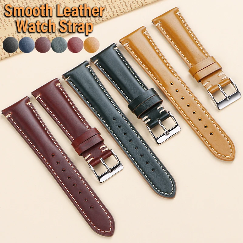 20/22/24mm Smooth Polished Genuine Leather Watch Strap Premium Hand-Stitched Cowhide Bracelet Vintage Oil Wax Quick Release Band