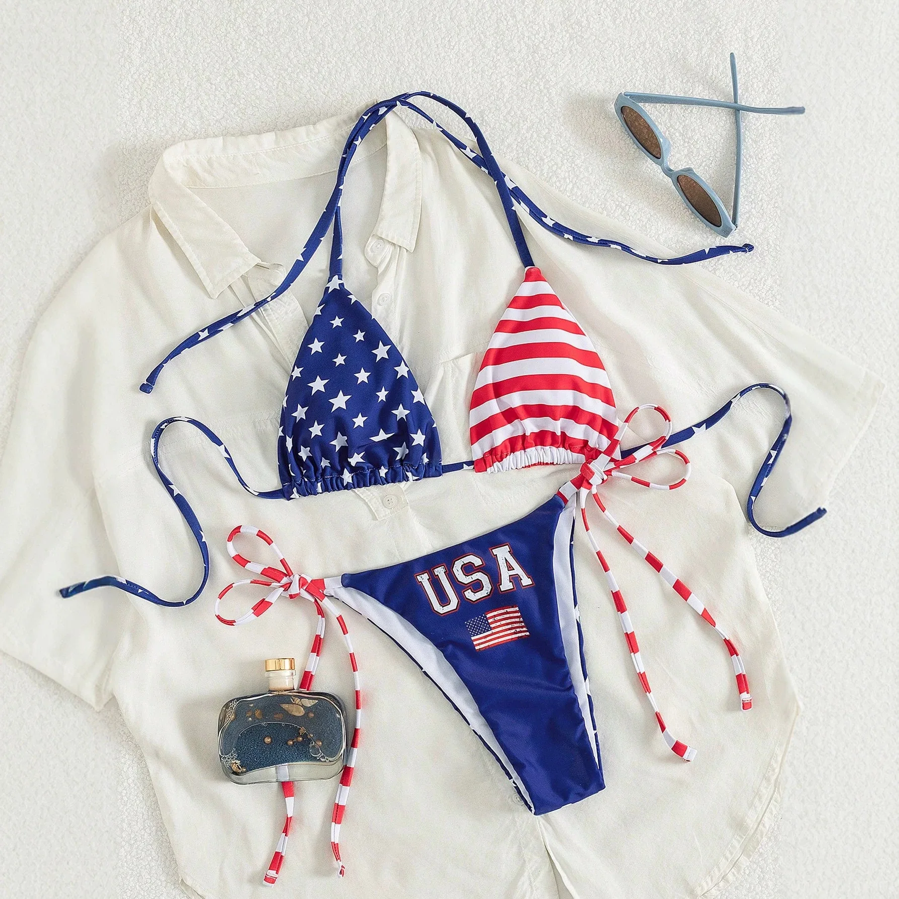 Hot Sale USA Letter Flag Print Bikini Set Trendy Halter String Tie Side Two-Piece Swimwear Women Summer Beach Party Bathing Suit