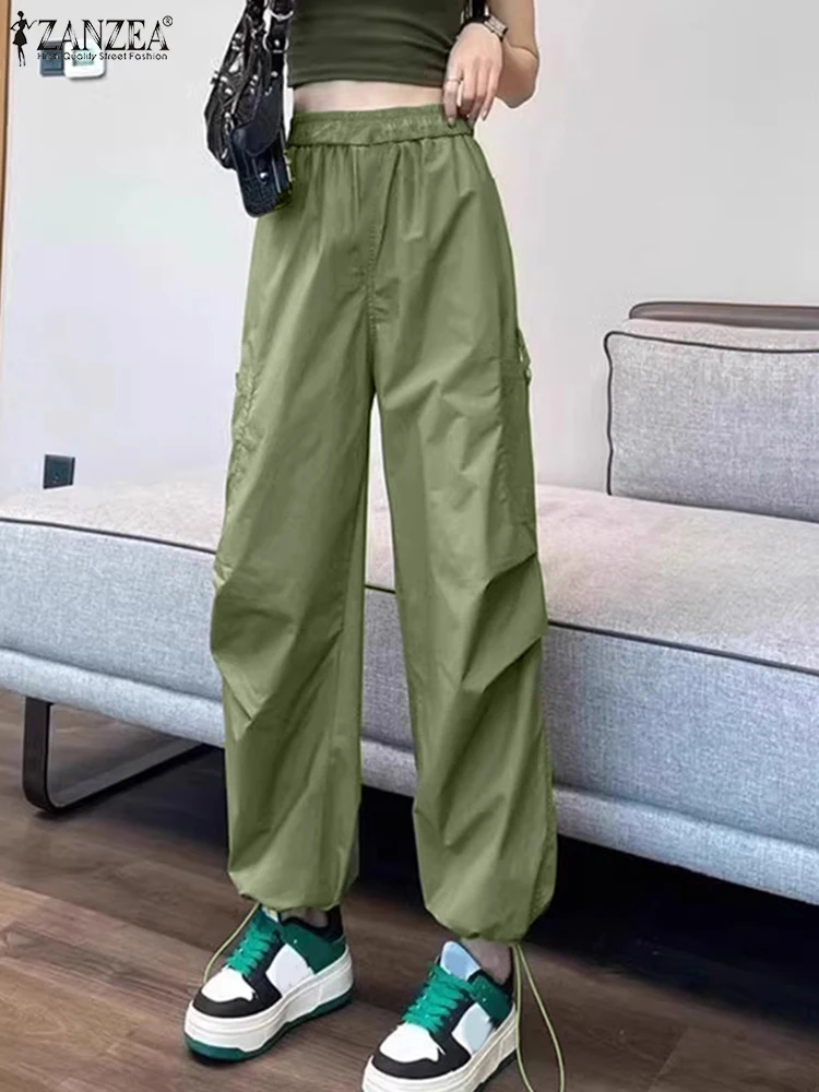 

ZANZEA Chic 2025 Summer Long Pant Women Solid Color Pants Fashion Elastic Waist Cargo Pants Holiday Korean Pockets Loose Trouser