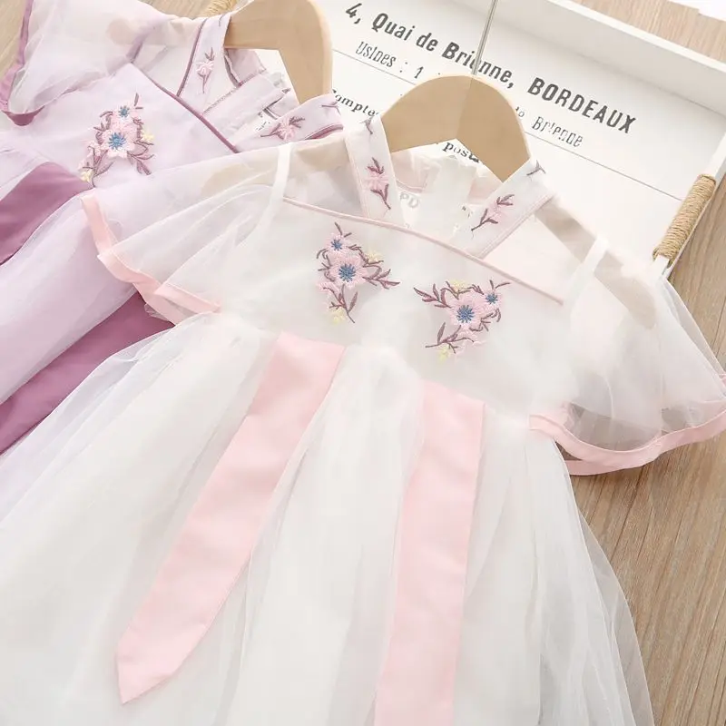 2024 New Summer Girls\' Hanfu Dress Children\'s Antique Flying Sleeve Mesh Skirt Baby Princess Dress Girl\'s Casual Dress