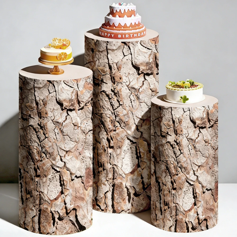 

Tree Bark Wood Cylinder Pedestal Cover Set Wedding Backdrop Bachelorette Party Decor Baby Shower Birthday Cake Dessert Display