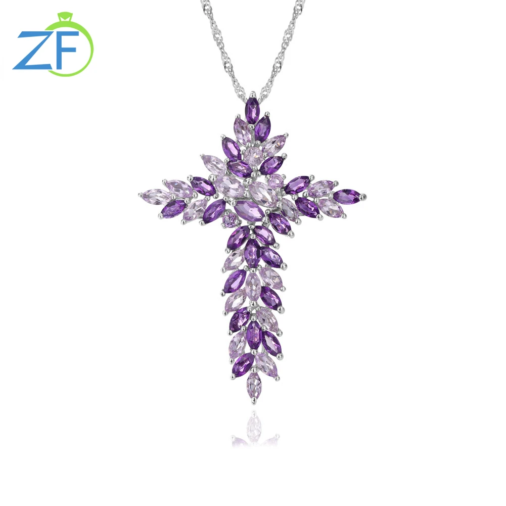 

GZ ZONGFA Real Natural Amethyst 925 Sterling Silver Cross Necklace Rose Quartz Jewelry Pendant for Women Fine Party Wedding Gift