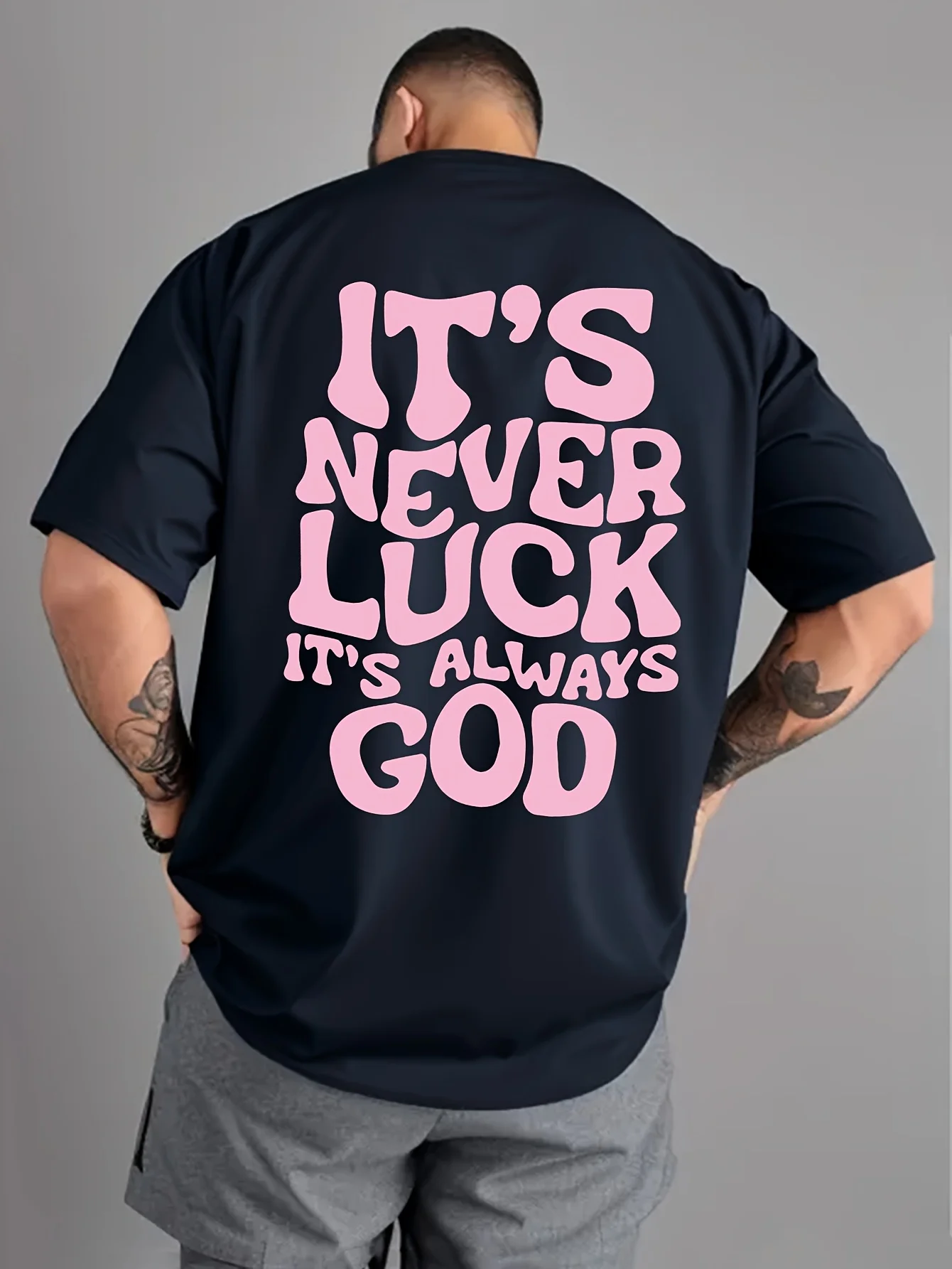 Men's God Luck Printed Comfortable Breathable Round Neck T-shirt Outdoor High Street Top Fashionable Summer