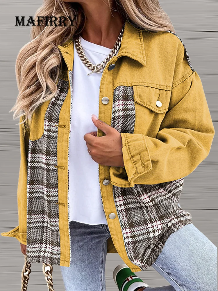 

Classic Plaid Print Single Breasted Jackets Women Casual Loose Patchwork Button Coat Female Streetwear Lapel Long Sleeve Outwear