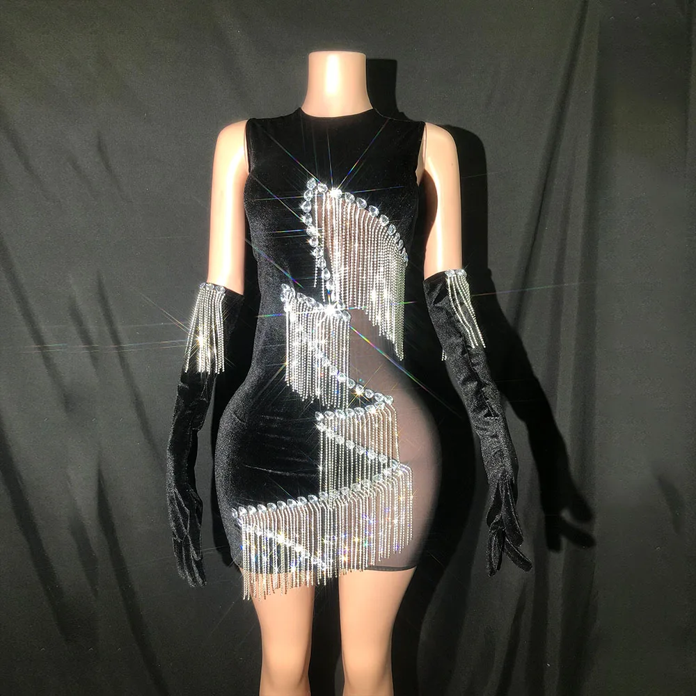 Customized Hollow Out Sequin Chain High Elastic Glove Diamond Sexy Tight Bodysuit Birthday Party  Dress Performance Longuette