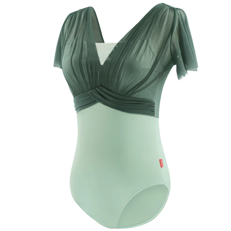 Leotard de Ballet pour femmes, maillot de bain dos nu, manches à volants, maille, dentelle, Costume de danse, Yoga, body