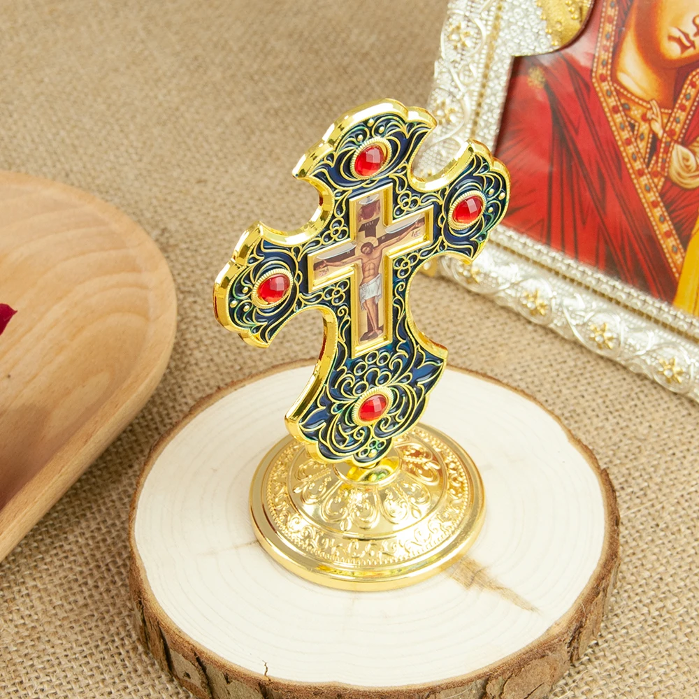 HTISOK Ostorthodoxes Kreuz Jesus-Kruzifix Christliches Standkreuz mit Sockel für Kirchen- und Heimdekoration Religiöse Artikel – Detail 6