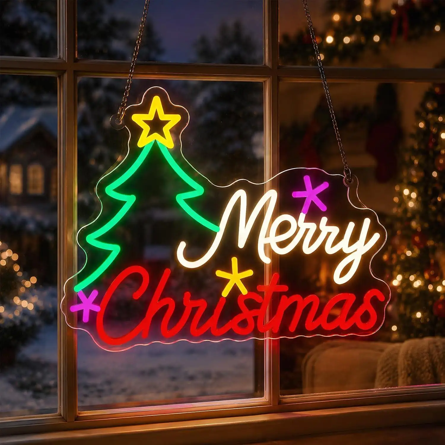Christmas Tree‑Style Merry Christmas Neon Sign Color Star LED Lights For Indoor Window Xmas Ambience Wall Decor Night Light