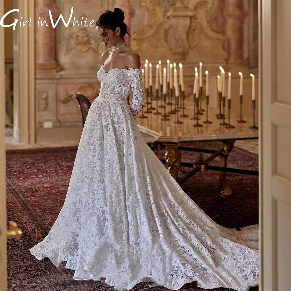 Customized Lace Sweetheart Off Shoulder Long Sleeves Lace 2026 Wedding Dress Backless Ball Gown Bridal Attire Elegant Design