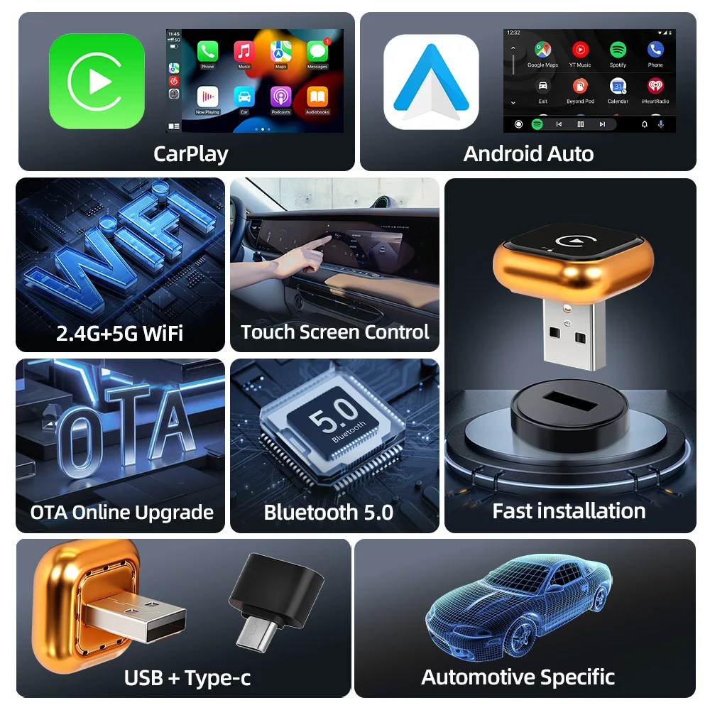 2026 Mini Wireless CarPlay Adapter Upgrade Wired to Wireless for CarPlay & Android Auto Plug and Play Fast Auto-Reconnect Stable