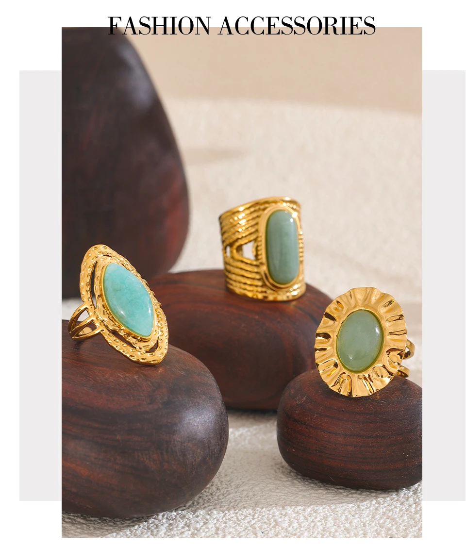 Yhpup Grüner Naturstein, modischer offener Ring, verstellbar, Edelstahl, goldfarben, geometrisch, tägliche Statement-Schmuck, Accessoires, Geschenk – Detail 5